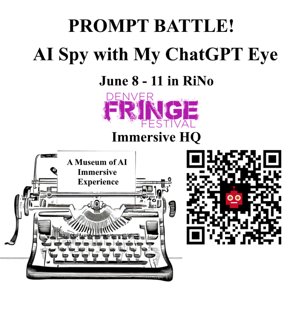 AI Spy with My ChatGPT Eye postcard showing drawing of typewriter and ticketing QR code